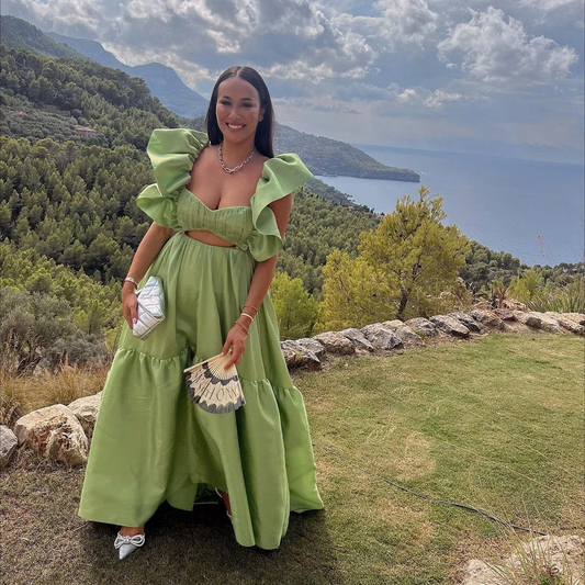 New Arrival Green Satin Prom Dress Sweetheart Puffy Shoulder Ball Gown Long Evening Dress Ruffles Pleated Hollow Stretchy