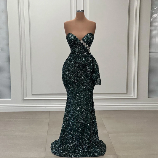 Sparkle Crystals Sequins Mermaid Evening Dress Sexy Strapless Flowers Long Prom Party Dresses Real Image Sequined Celebrity Gown