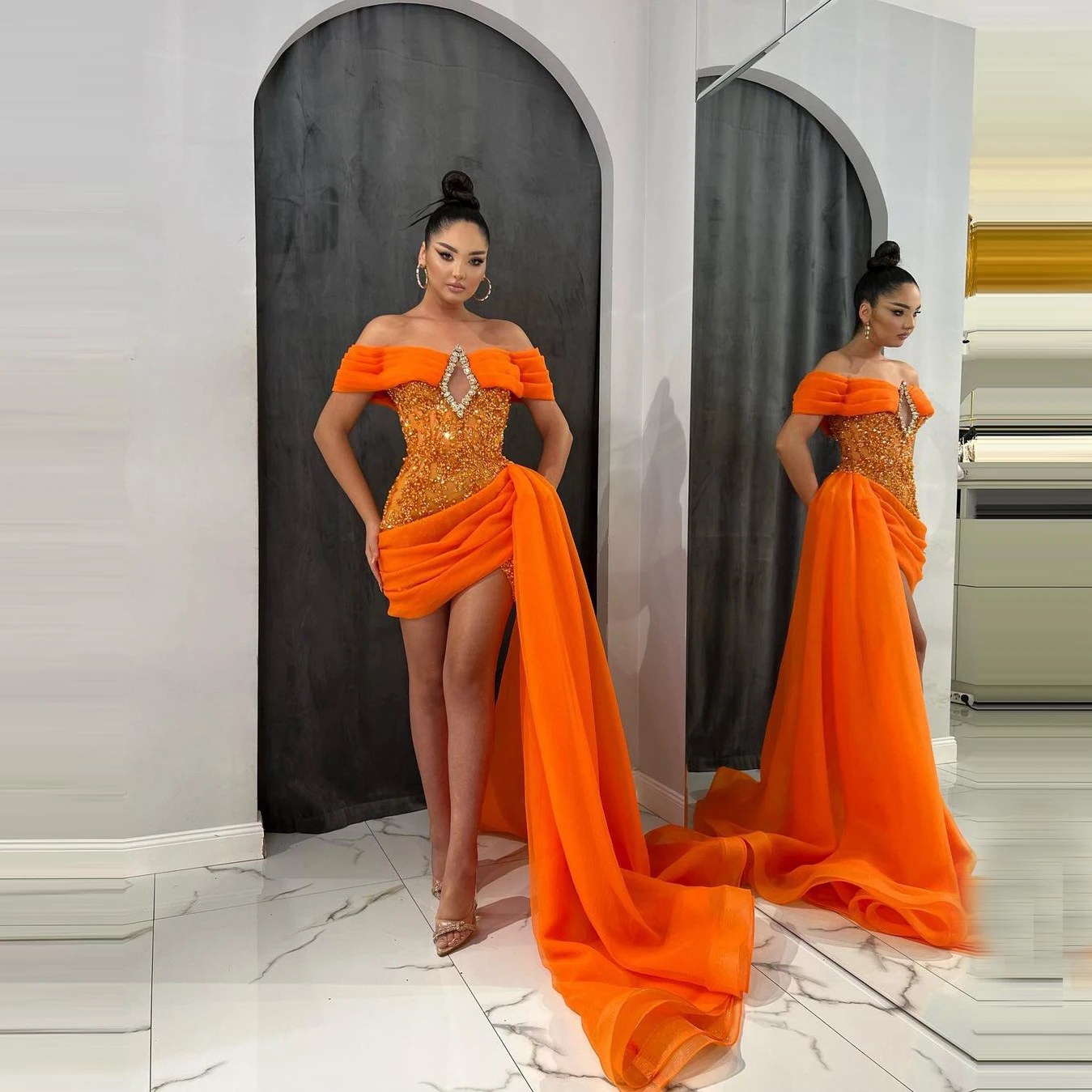 Charming Orange Tulle Prom Dresses With Train Strapless Cap Sleeves Beaded Short Evening Dressing Gowns 2024 Party Dress