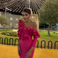 Love Red Fish Tail Wrap Hip Fold Ruffle Edge Wave Long Sleeve Off Shoulder Formal Prom Evening Dress Women's Party