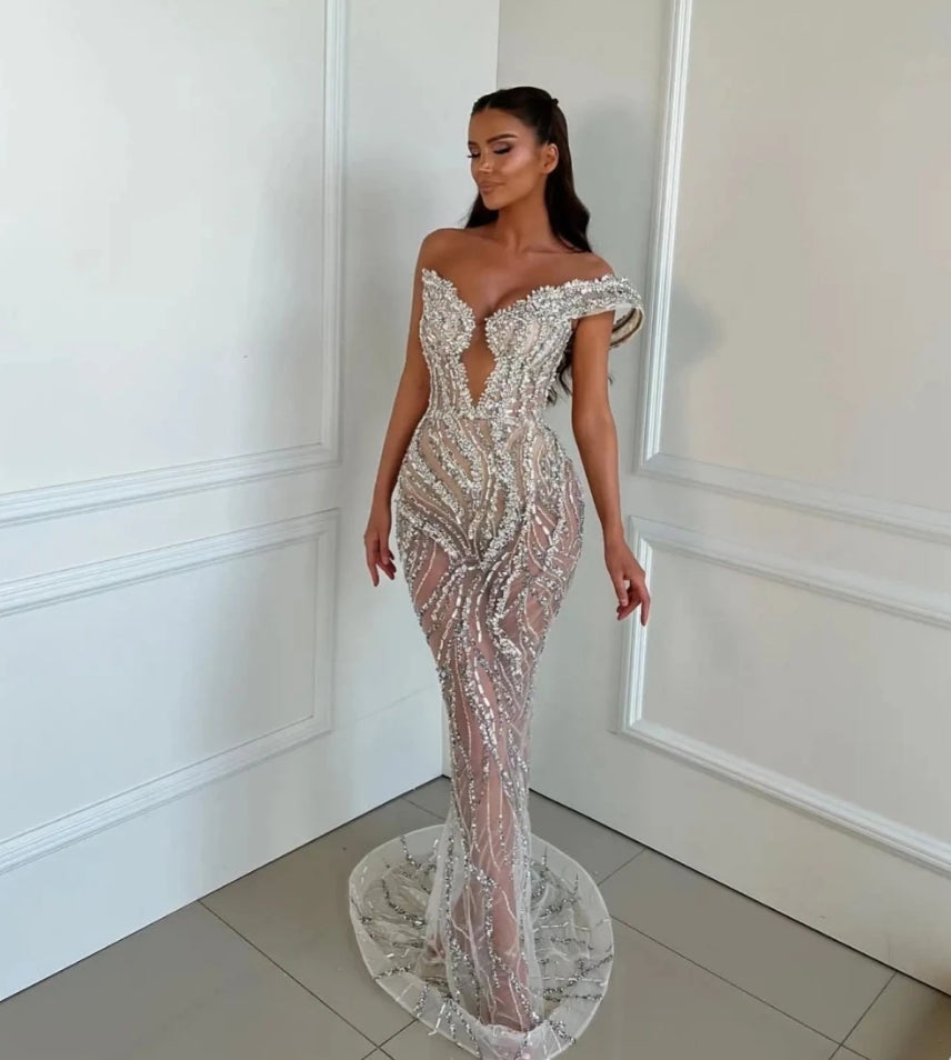 Sexy Illusion Deep V-neck Cocktail Dresses Sparkly Beads Crystal Evening Dress Luxury Mermaid Long Prom Gown Robe De Mariée