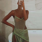 Sparkly Crystal Green Evening Prom Dresses Sexy Spaghetti Straps High Slit Backless Evening Party Gowns