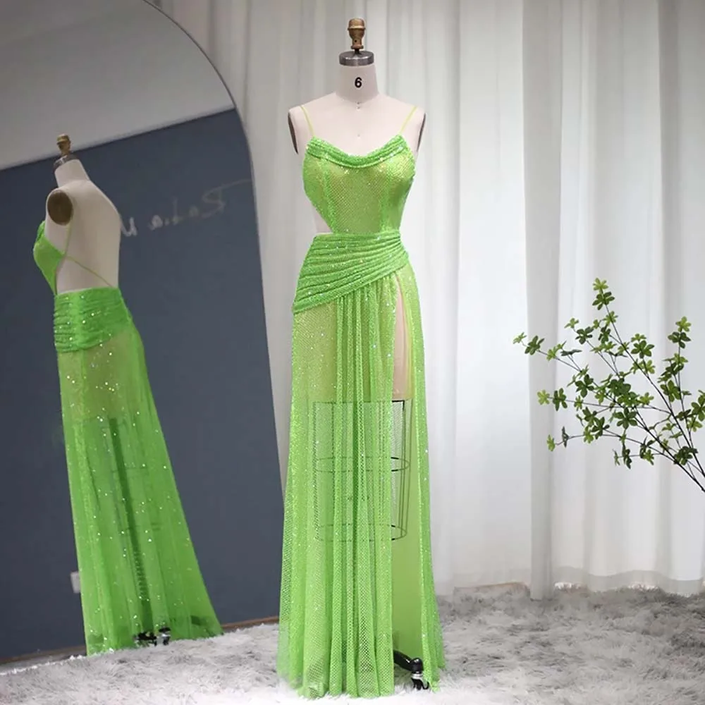 Sparkly Crystal Green Evening Prom Dresses Sexy Spaghetti Straps High Slit Backless Evening Party Gowns