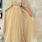 Champagne Tulle Appliques Lace Saudi Arabia Square Collar Prom Dresses Short Sleeves A-Line Formal Evening Gowns For Women