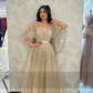 Champagne Tulle Appliques Lace Saudi Arabia Square Collar Prom Dresses Short Sleeves A-Line Formal Evening Gowns For Women