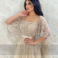 Champagne Tulle Appliques Lace Saudi Arabia Square Collar Prom Dresses Short Sleeves A-Line Formal Evening Gowns For Women