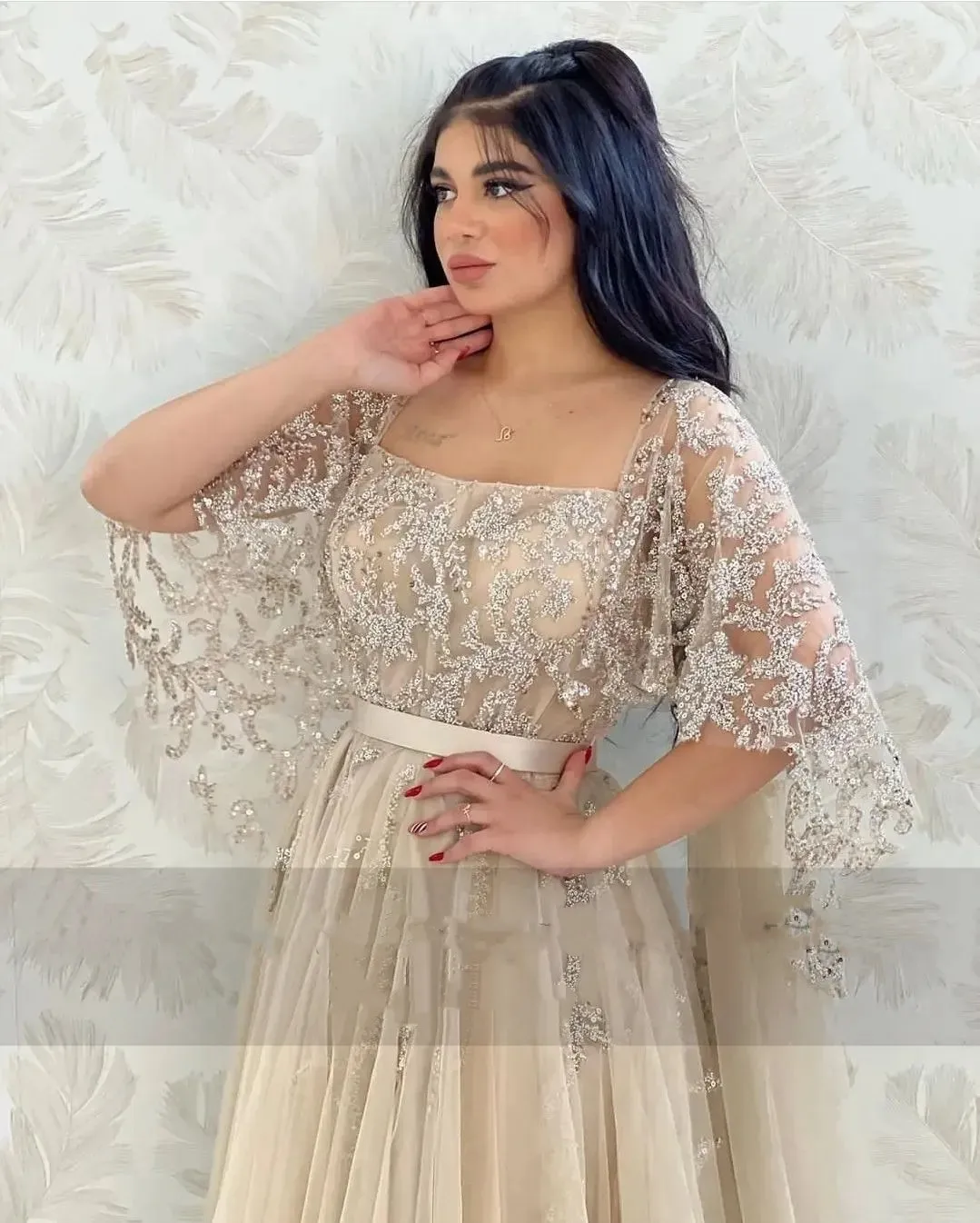 Champagne Tulle Appliques Lace Saudi Arabia Square Collar Prom Dresses Short Sleeves A-Line Formal Evening Gowns For Women