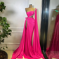 Elegant Hot Pink Mermaid One Shoulder Sleeve Evening Dresses Beading Saudi Arabia Prom Party Dresses With Shawl Side For Women