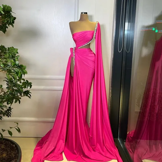 Elegant Hot Pink Mermaid One Shoulder Sleeve Evening Dresses Beading Saudi Arabia Prom Party Dresses With Shawl Side For Women