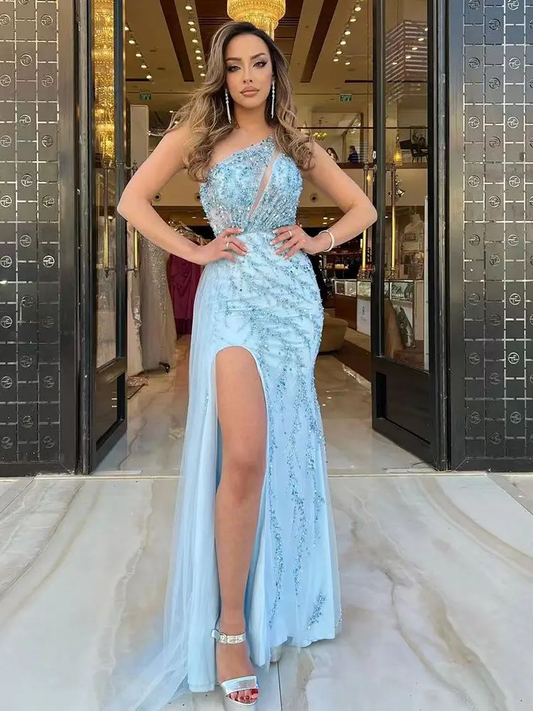 Sky Blue Sequin Beaded Porm Dress One Shoulder Sleeveless Mermaid Side Split Off Shoulder Arab Dubai Evening Dress فساتين السهرة