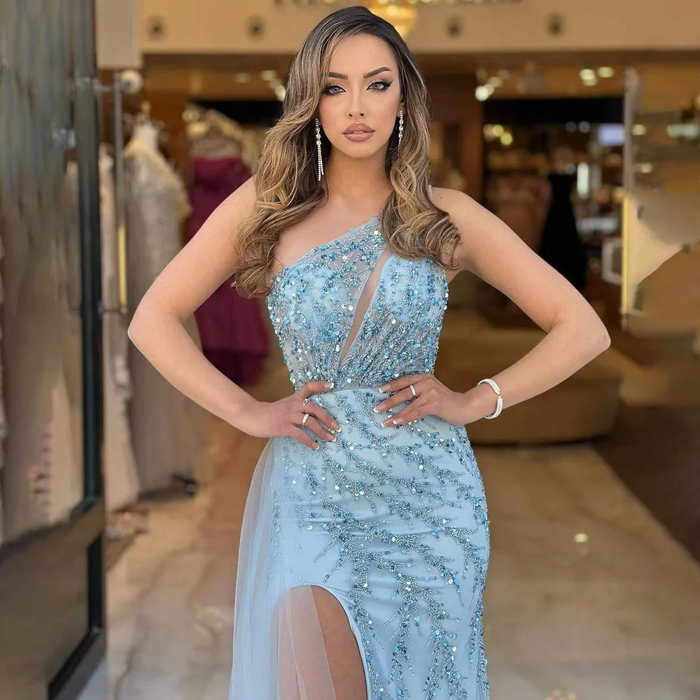 Sky Blue Sequin Beaded Porm Dress One Shoulder Sleeveless Mermaid Side Split Off Shoulder Arab Dubai Evening Dress فساتين السهرة