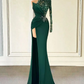 Green Mermaid High Neck One Shoulder Sleeve Evening Dress High Neck Sequin Beaded High Split Porm Dresses for Graduation Party