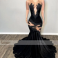 Sexy Black Lace Applique Mermaid Black Girl Prom Dress 2024 Velvet Beads Sheer Graduation Formal Party Evening Gowns Robe De Bal