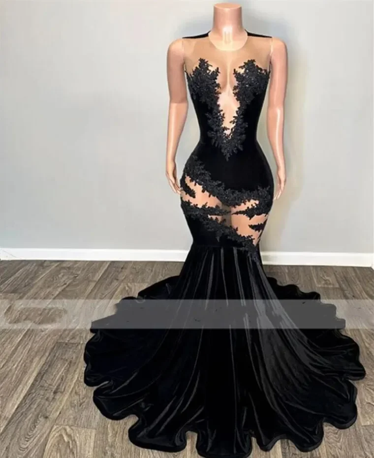 Sexy Black Lace Applique Mermaid Black Girl Prom Dress 2024 Velvet Beads Sheer Graduation Formal Party Evening Gowns Robe De Bal