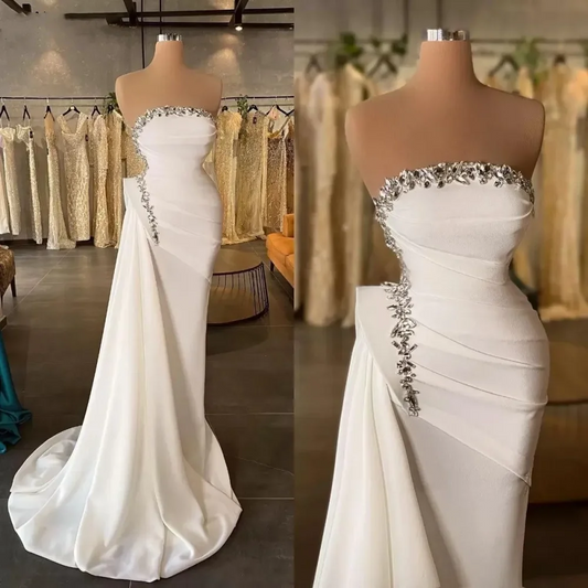 2024 Ivory Mermaid Prom Dresses Sleeveless Crystals Beaded Peplum Custom Evening Gown Formal Occasion Wear Vestidos Plus Size