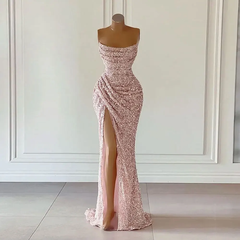 Red Lace Sequins Prom Dresses Women Sexy 2024 Aso Ebi African Mermaid Evening Gowns Long Sleeves V Neck See Through Party Dress