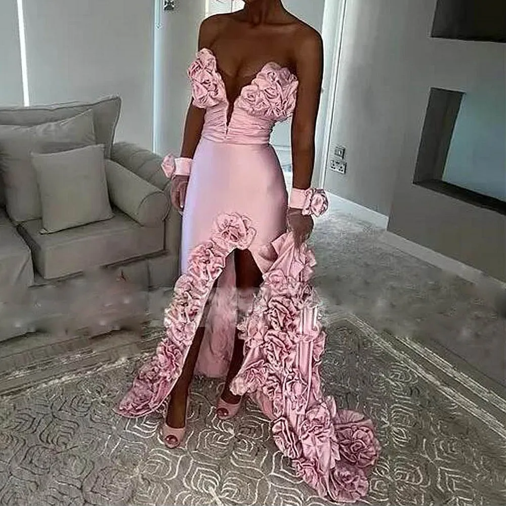 Baby Pink Mermaid Prom Dresses With Handmade Flowers High Slit Evening Party Dress Sexy Wedding Reception Dress Without Gloves