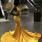 Gougeous Yellow Velvet Long Train Mermaid African Prom Dresses Backless Beads Black Girl Party Gown Plus Size Long Evening Dress