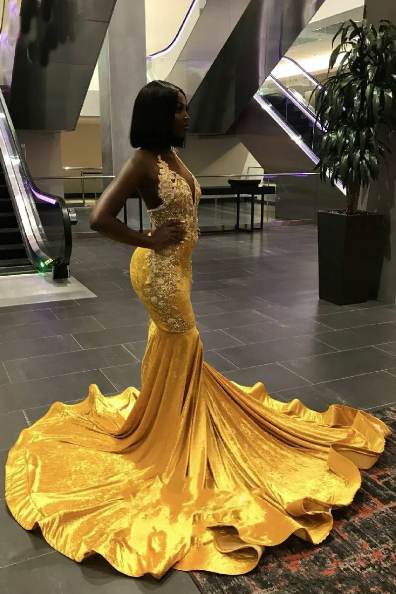 Gougeous Yellow Velvet Long Train Mermaid African Prom Dresses Backless Beads Black Girl Party Gown Plus Size Long Evening Dress