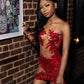 Luxury Red Diamante Short Cocktail Prom Dresses 2024 For Black Girls Crystal Tulle See Through Birthday Party Robes Bal De Promo