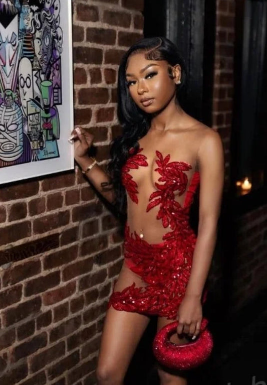 Luxury Red Diamante Short Cocktail Prom Dresses 2024 For Black Girls Crystal Tulle See Through Birthday Party Robes Bal De Promo