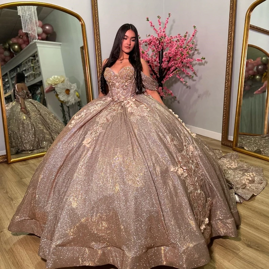 Gold Shiny Sweetheart Quinceanera Dress 2024 Off the Shoulder Florals Flowers Lace Beads Sweet 16 15 Dress Vestidos De XV Anos