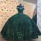 Sparkly Emerald Green Ball Gowns Quinceanera Dresses Formal Off-Shoulder Appliques Sweet 15 Prom Party Dress