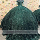 Sparkly Emerald Green Ball Gowns Quinceanera Dresses Formal Off-Shoulder Appliques Sweet 15 Prom Party Dress