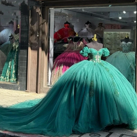 Mexico Green Quinceanera Dress Off Shoulder Lace Appliques Prom Occasion Birthday Party Gowns Ruffles Sweet 16 15 Robe De Bal