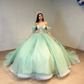 Sage Green Quinceanera Dresses Ball Gown Off Shoulder Applique Lace Beads Puffy Sweet 16 Dress Celebrity Party Gowns Graduation