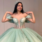 Sage Green Quinceanera Dresses Ball Gown Off Shoulder Applique Lace Beads Puffy Sweet 16 Dress Celebrity Party Gowns Graduation