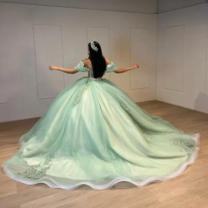 Sage Green Quinceanera Dresses Ball Gown Off Shoulder Applique Lace Beads Puffy Sweet 16 Dress Celebrity Party Gowns Graduation