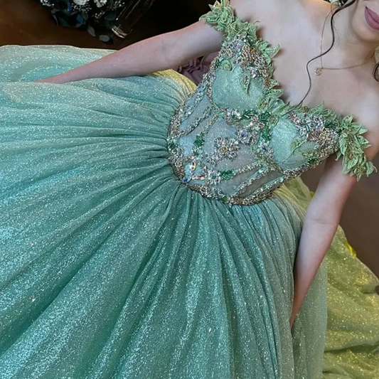 Mint Green Glitter Sequined Ball Gown Quinceanera Dresses Off the Shoulder Appliques Vestidos De 15 Años Women Prom Party Wear