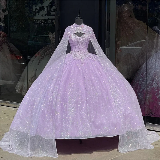Lilac Lavender Princess Quinceanera Dresses with Cape Sweetheart Beaded Applique Lace-up Corset Prom Vestidos de 15 quinceañera