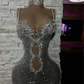 Luxury Silver Crystals Spaghetti Short Prom Dress African Glitter Sequin Mermaid Mini Cocktail Party Gown See Thru robe de bal