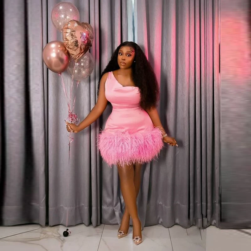 Pink Feathers Cocktail Dresses With One Shoulder Mini Women Aso Ebi Party Prom Dress Birthday Gowns