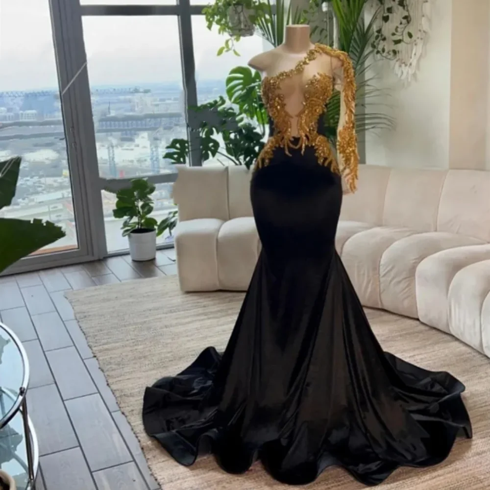 Black Mermaid Evening Dresses Sparkly Gold Sequined Lace Formal Party Gowns One Shoulder Long Sleeve Special Occasion Prom Dress