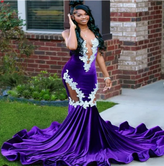 New Purple Mermaid Velvet Prom Dress Lace Appliques Sheer O-Neck Sleeveless Formal Evening Dress Custom Floor-Length Party Dress