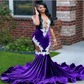 New Purple Mermaid Velvet Prom Dress Lace Appliques Sheer O-Neck Sleeveless Formal Evening Dress Custom Floor-Length Party Dress