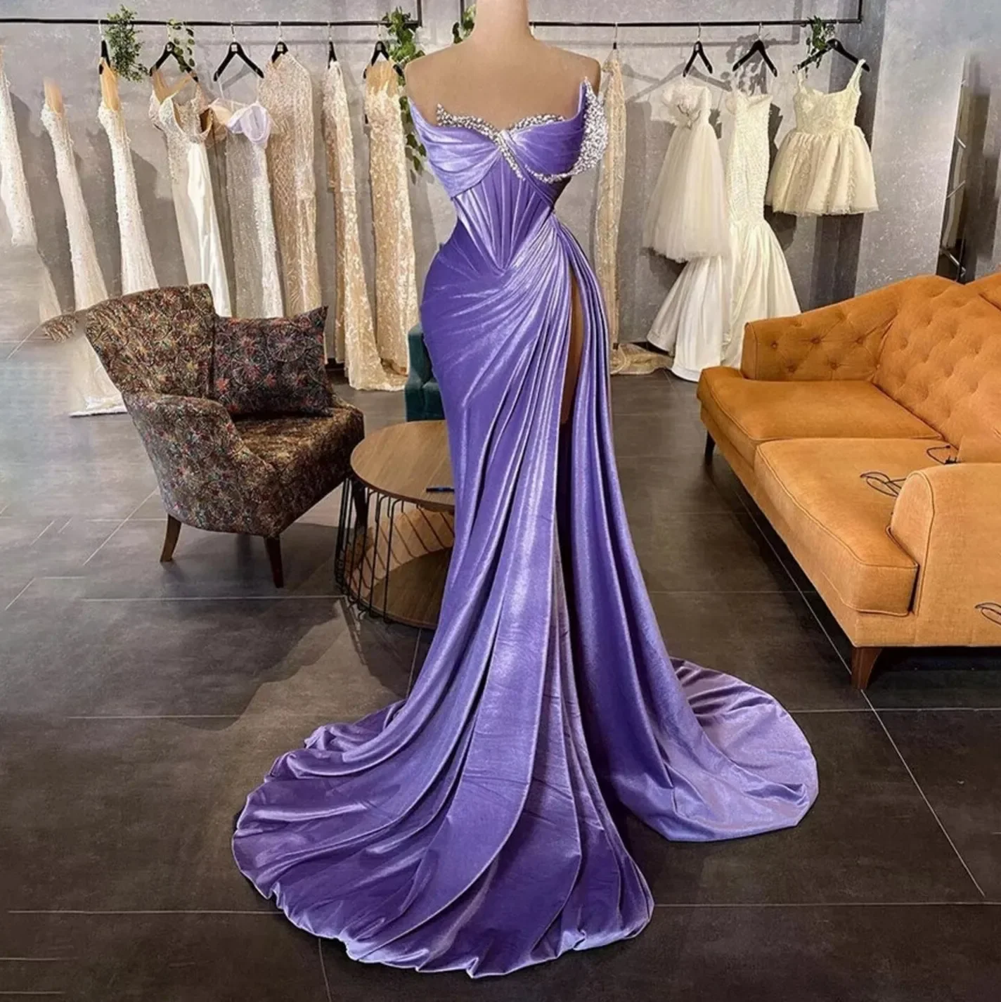 Lavender Elegant Velvet Prom Dresses Dubai Arabic Mermaid Women Party Gowns Pleated High Split Sexy Formal Evening Gowns 2024