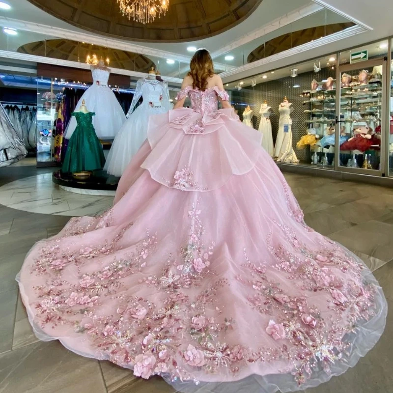 Pink Shiny Ball Gown Off the Shoulder Quinceanera Dresses 3D Flowers Appliques Lace Beads Tull Corset Vestidos De 15 Años