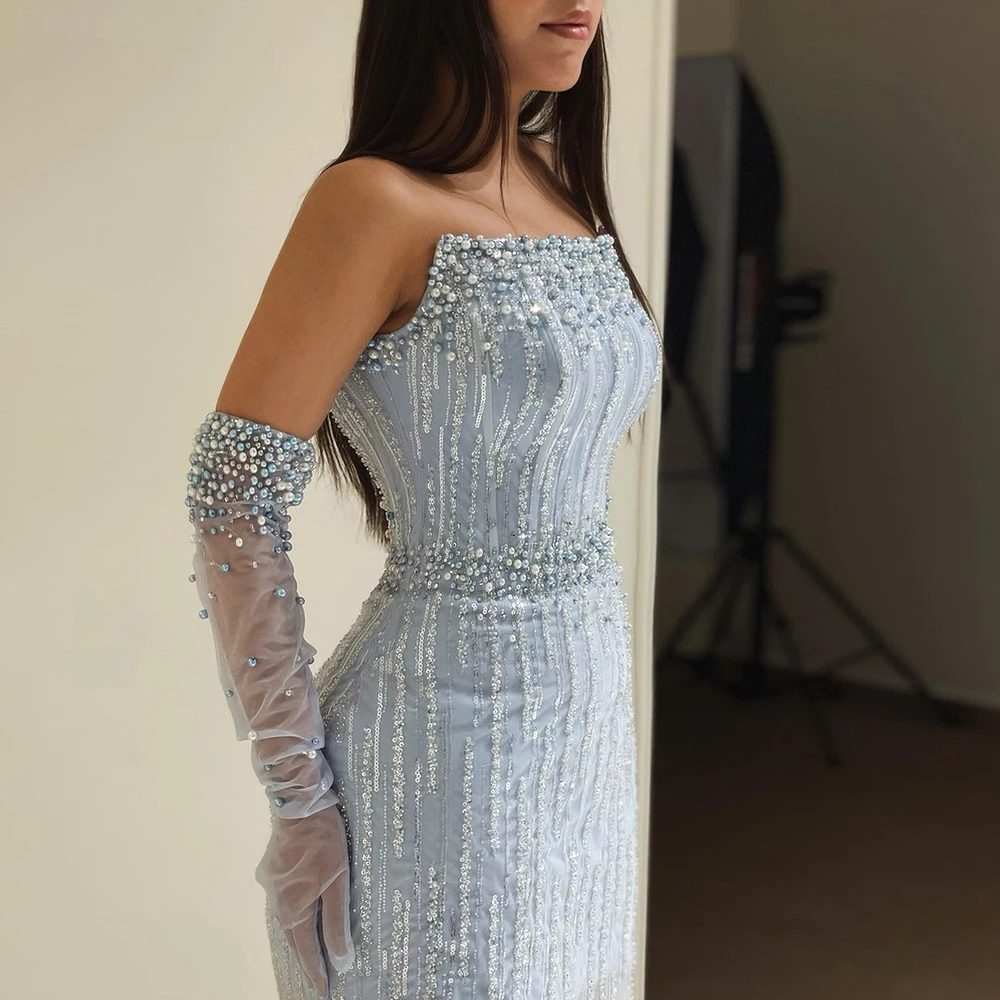 Light Blue Pearls Luxury Dubai Evening Dresses Elegant Strapless Arabic Women Wedding Party Formal Gowns