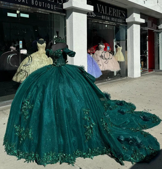 Princess Emerald Green Off Shoulder Ball Gown Quinceanera Dresses 2024 Beads Birthday Party Flowers Sweet 16 Dress Vestidos