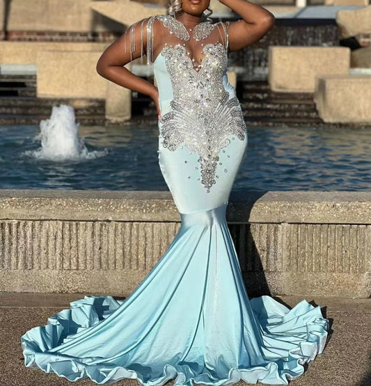 2024 Sky Blue Mermaid Silver Rhinestones Prom Dress Luxury Black Girls Tassels Wedding Dress Birthday Party Gown African robe de bal
