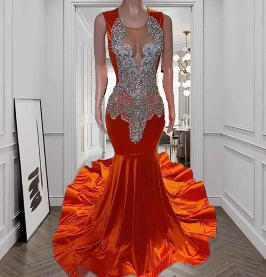 New Arrival 2024 Orange Mermaid Prom Dress 2024 Glitter Silver Beads Crystals Rhinestones Wedding Party Gown Robe De Bal