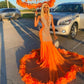 Sparkly Orange O Neck Long Prom Dress 2024 Simply Birthday Party Dresses Beaded Crystal Evening Gowns Feathers Gown Robe De Bal