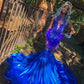 Royal Blue Sheer O Neck Long Prom Dress For Black Girls Beaded Crystal Feathers Birthday Party Dresses Evening Gown Mermaid