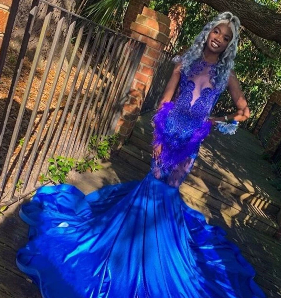 Royal Blue Sheer O Neck Long Prom Dress For Black Girls Beaded Crystal Feathers Birthday Party Dresses Evening Gown Mermaid