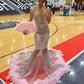 Gorgeous Pink Crystal Beading Slive Mermaid Evening Dresses Arabic Feathers Long Formal Prom Gowns for Wedding Party Elegant