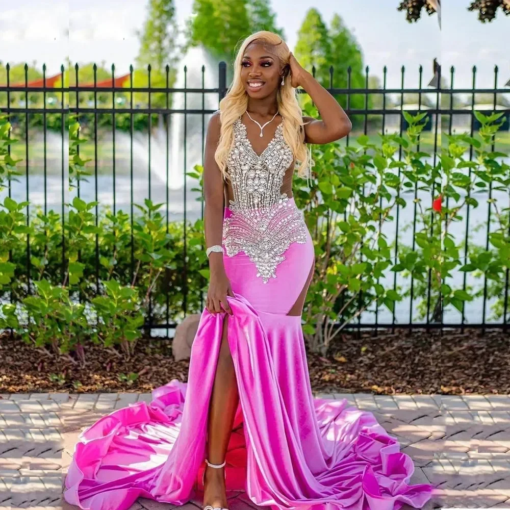 Rose Velvet Mermaid Prom Dresses 2024 For African Women Crystals Beads Black Girls Long Aso Ebi Plus Size Evening Occasion Gowns